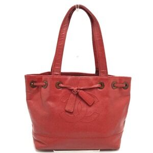 CHANEL Vintage Red Caviar Leather Logo Tote Bag